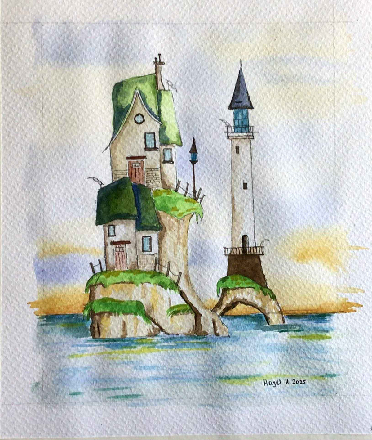 Painting Light House, Whimsical watercolor painting of a green-roofed house and tall lighthouse on a rocky island, connected by a natural stone arch, surrounded by blue water and a dreamy pastel sky.