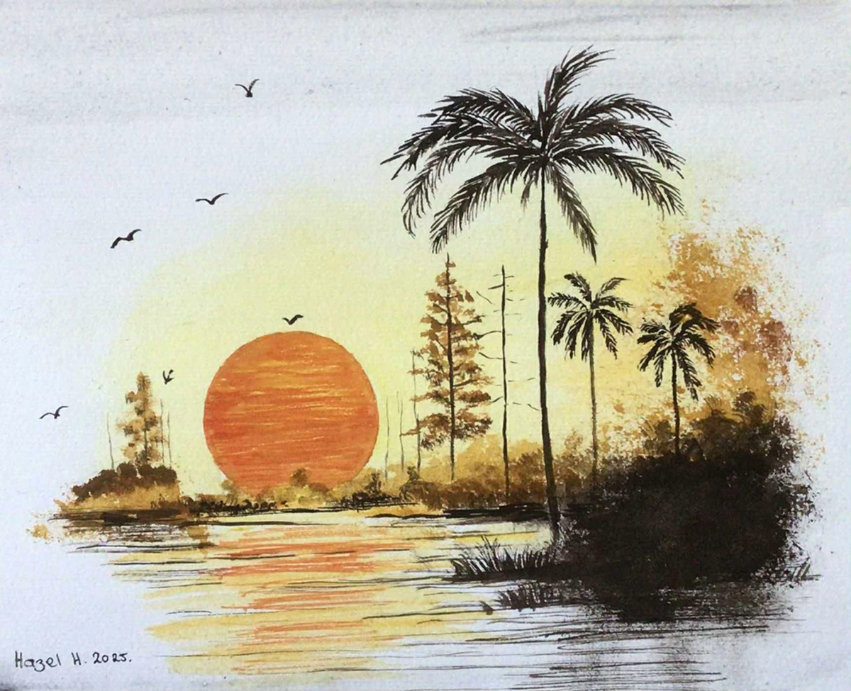 Painting Palm Trees And Moon, A large, glowing sun low on the horizon, dominating the background and creating a warm, golden atmosphere.