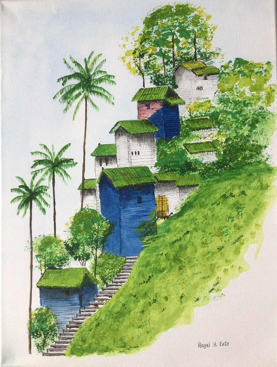 Painting Green House On The Hill, A hillside village featuring a series of charming houses with green roofs arranged along a steep, grassy slope.