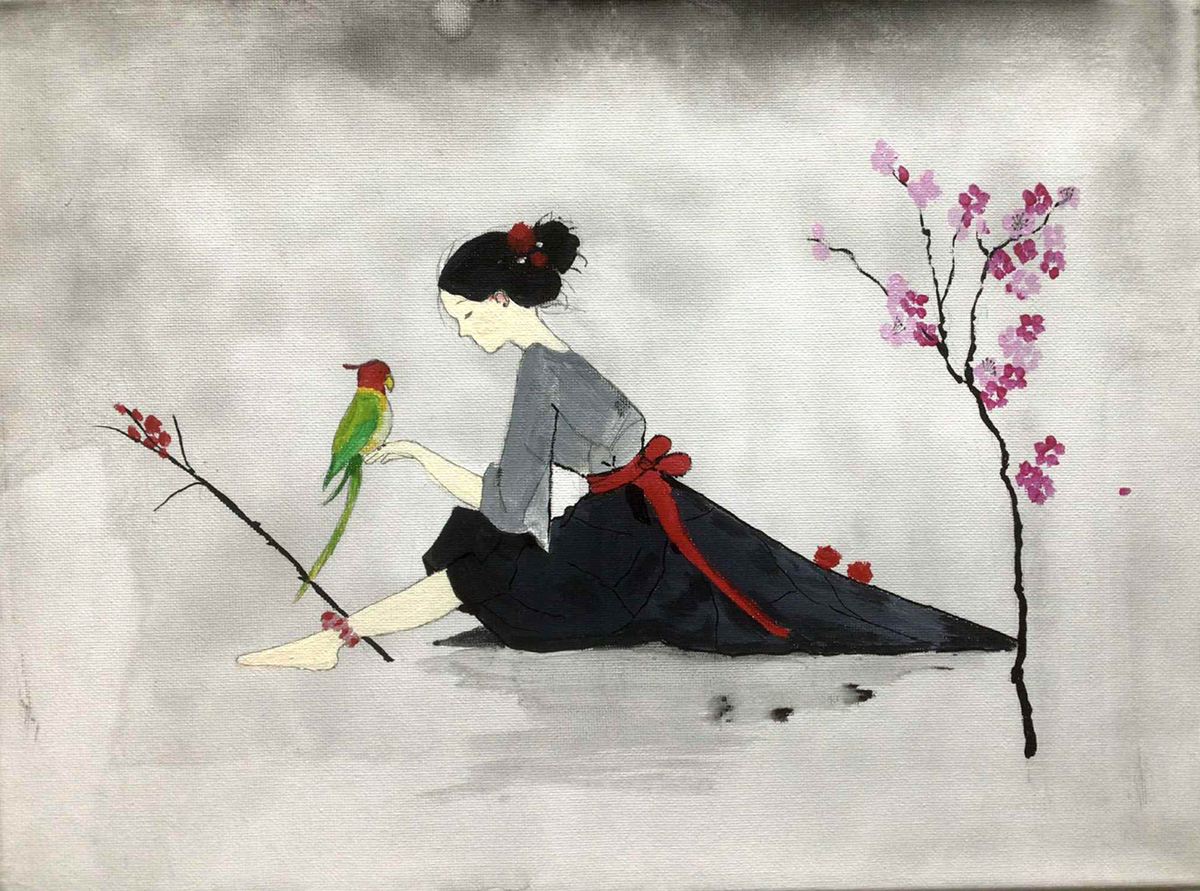 Painting Japanese Girl Blue Dress, A serene, stylized scene featuring a young woman in traditional attire sitting gracefully on the ground. She is interacting gently with a colorful bird perched on a branch. 