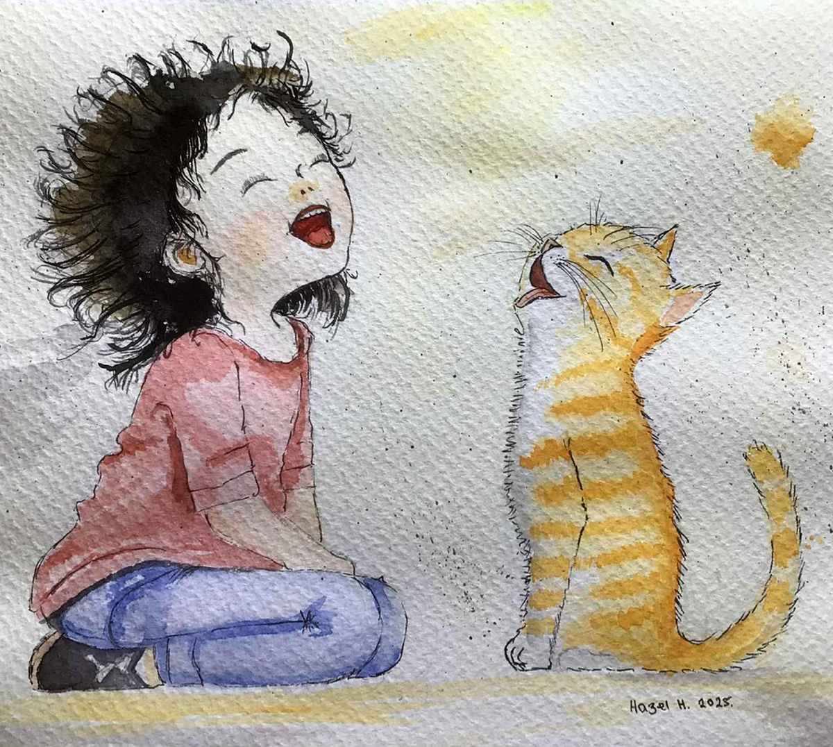 Painting Girl And Cat, A joyful interaction between a young girl and her playful cat, captured in a warm and inviting watercolor illustration.