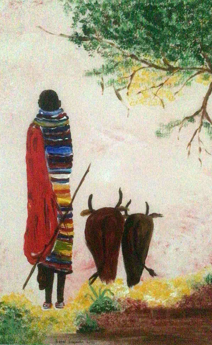 Painting African Man, A solitary figure, draped in a colorful, striped garment, standing with a staff beside two cattle under the shade of a large tree.