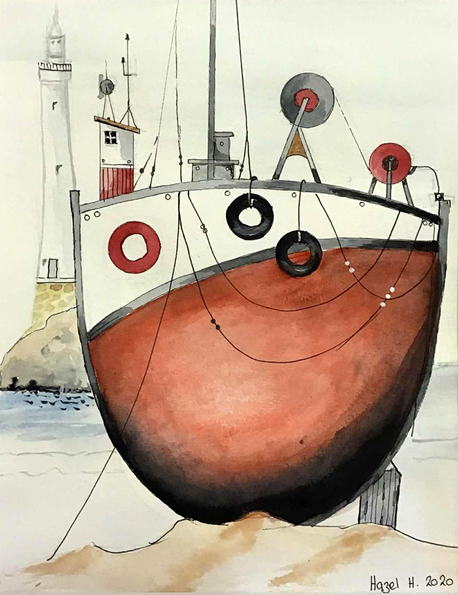 Painting Fishing Boat, A beached fishing boat, depicted in watercolor with a strong, bold hull and detailed rigging. The boat is resting on sand in the foreground, while a lighthouse stands in the background, suggesting a coastal or harbor setting.