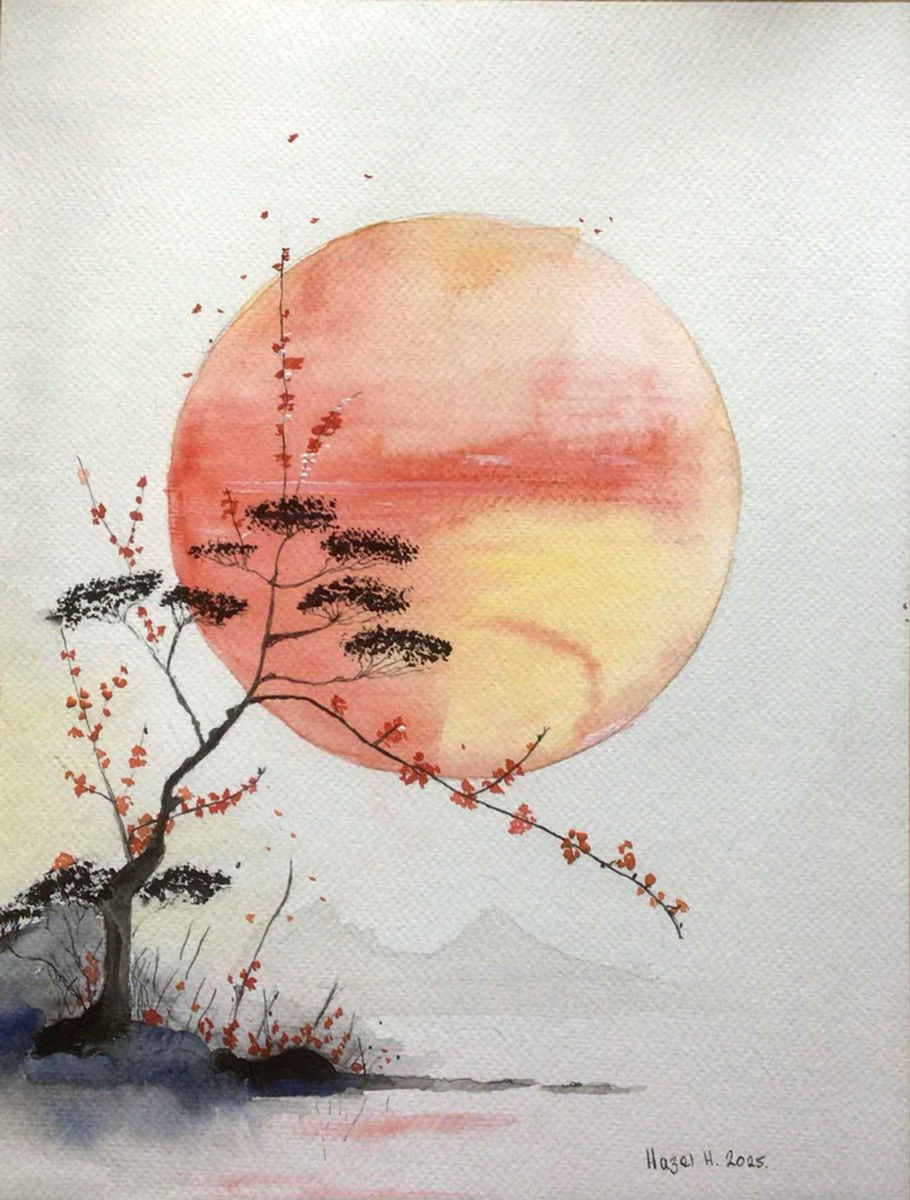 Painting Sunset Blossom, A solitary tree with delicate red blossoms, set against the backdrop of a large, glowing sun rendered in warm watercolor tones.