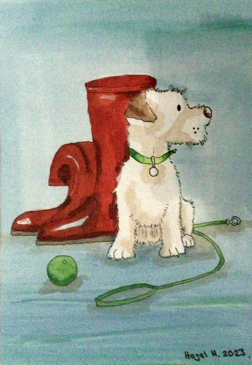 Painting Dog With Welly Boots, A charming white dog with a green collar, sitting beside a pair of bright red rain boots. The scene also includes a green ball and a leash on the floor, suggesting the anticipation of going for a walk.