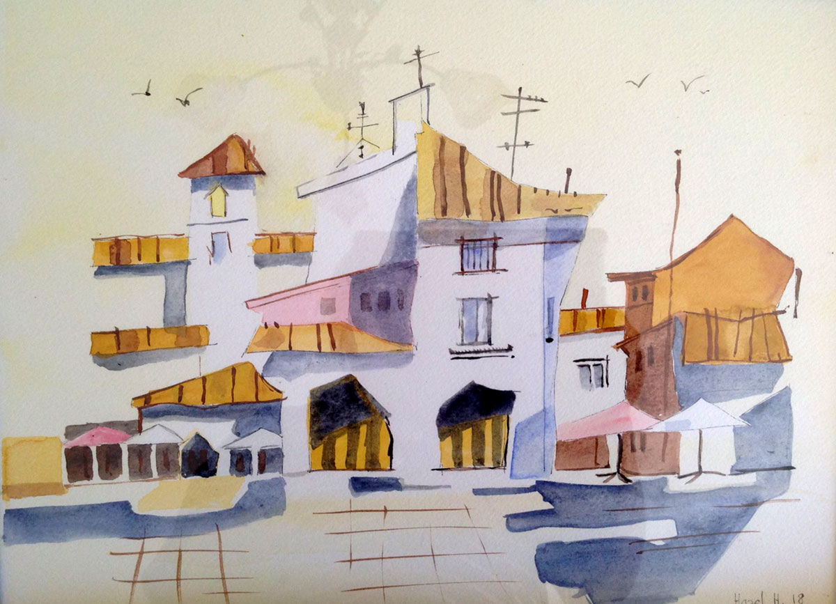 Painting Italian Style!!, An urban architectural cityscape. The painting features a cluster of buildings with distinct yellow and brown rooftops, balconies, and awnings.