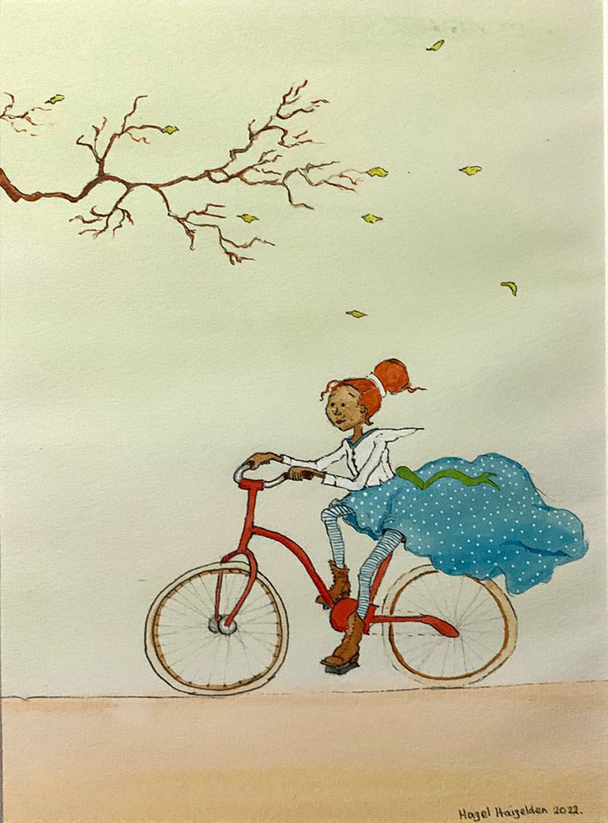 Painting A Windy Ride Home, A joyful young girl riding a bicycle. She’s wearing a flowing blue polka-dot skirt, striped tights, and brown boots, with her hair tied up in a bun.
