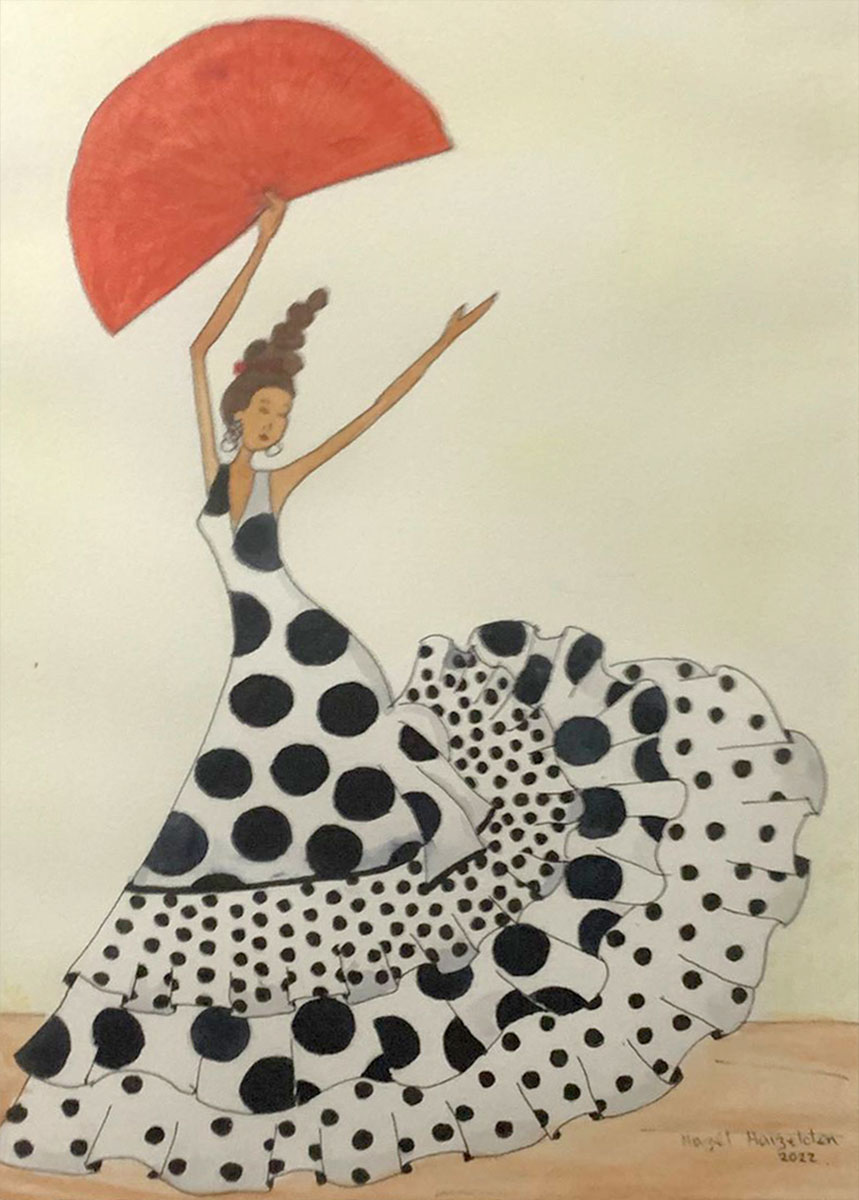 Painting Spanish Lady, A flamenco dancer depicted in a dynamic pose, wearing a traditional white dress with bold black polka dots and ruffled layers.