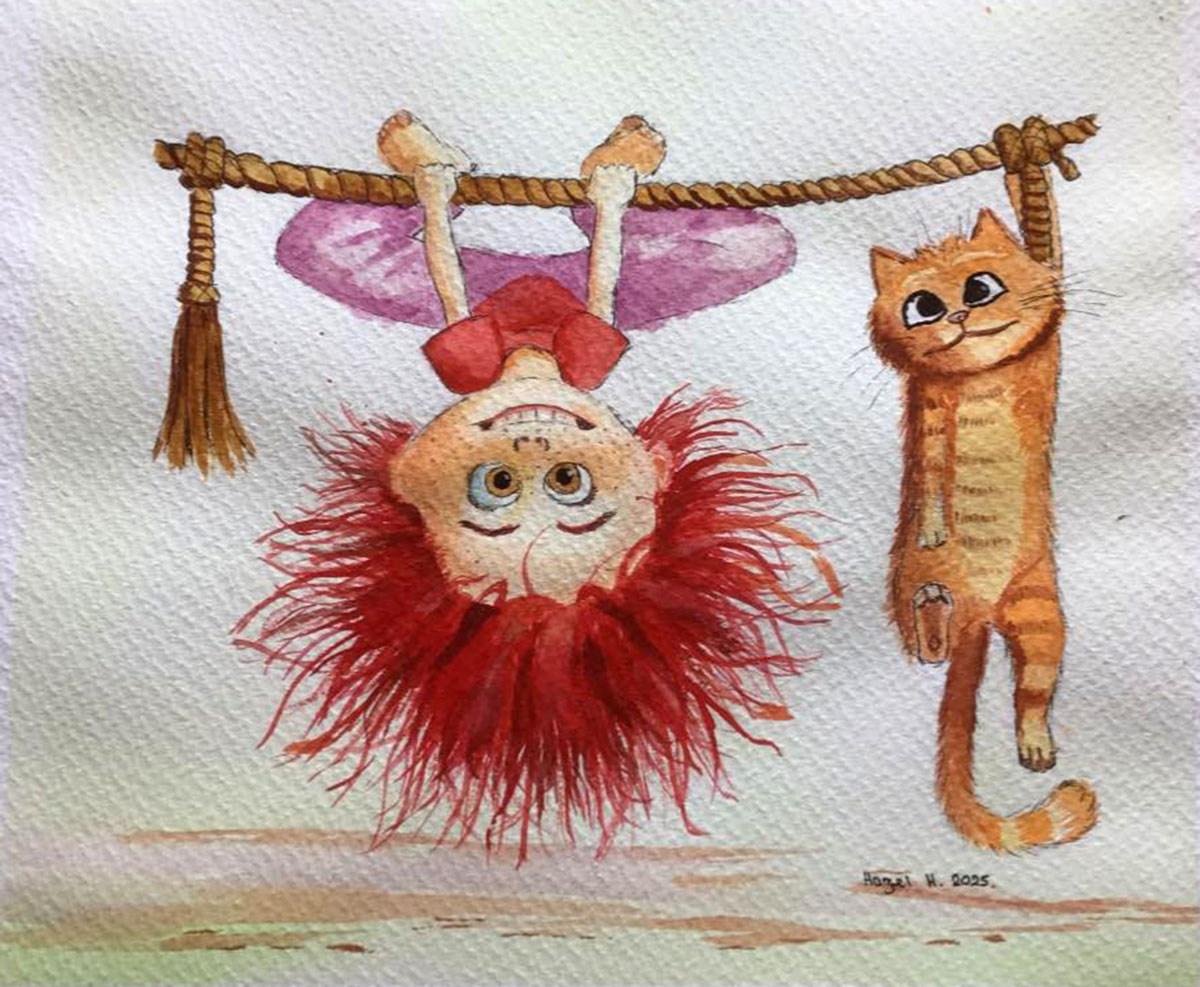 Painting A Bit Of Fun, A playful, whimsical scene featuring a child with wild red hair hanging upside down from a rope, accompanied by an equally playful orange cat also hanging from the rope.