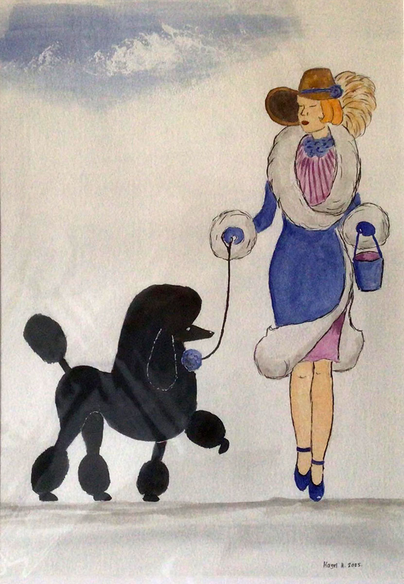 Painting Margaret And Nico, A stylish, vintage-inspired lady taking a walk with her elegant black poodle.