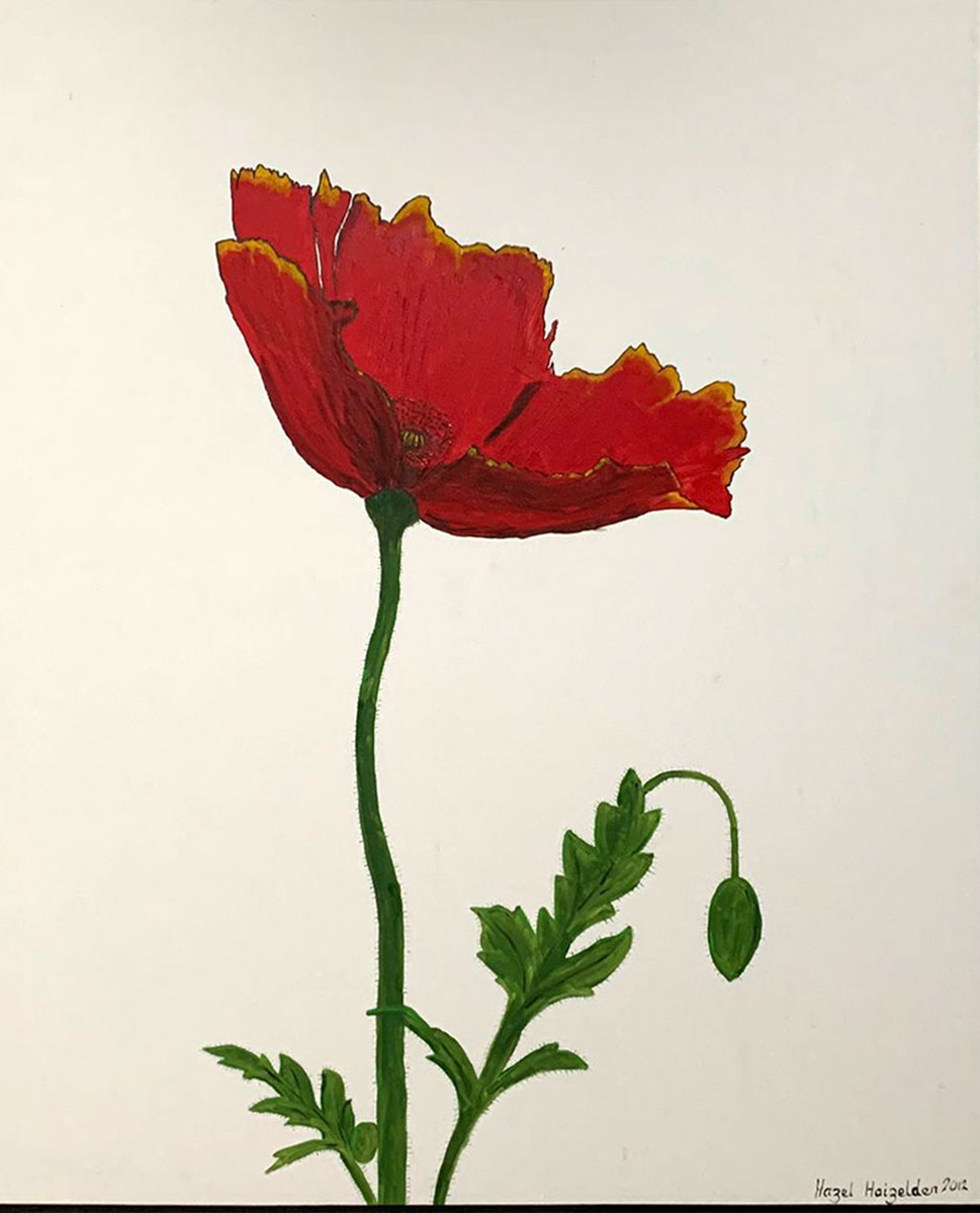 Painting Poppy, A single red poppy flower. The composition focuses on the poppy’s delicate, vibrant petals—accented with touches of gold—standing tall on a slender green stem with detailed leaves and a single unopened bud.