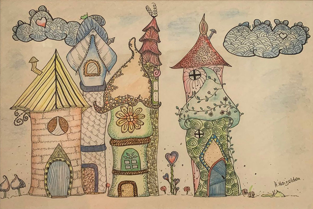 Painting Castles, A row of whimsical, fantasy-inspired houses, each with its own unique shape, playful details, and pastel colors. The architecture is imaginative and storybook-like.