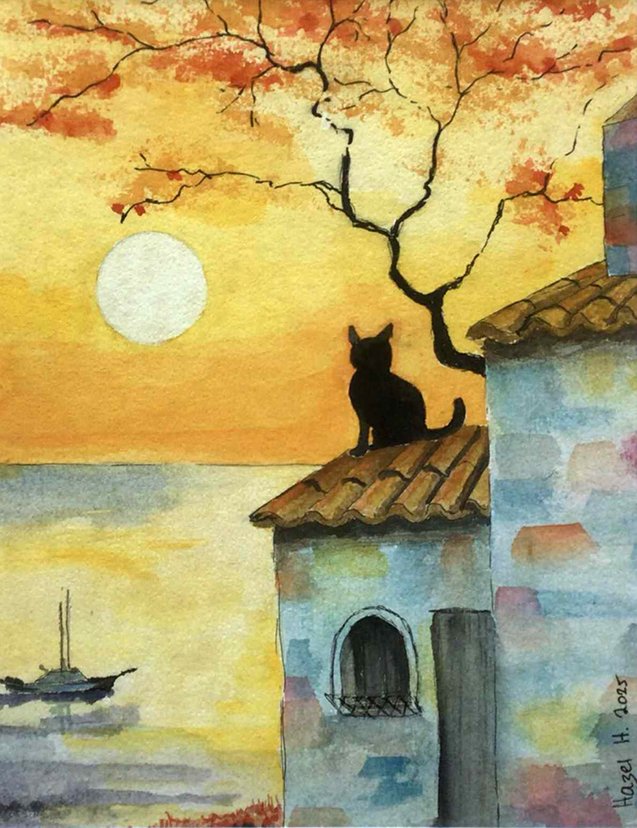 Painting Cat On Roof, A black cat sitting on the tiled roof of a house, gazing out at a serene sunset over the water.