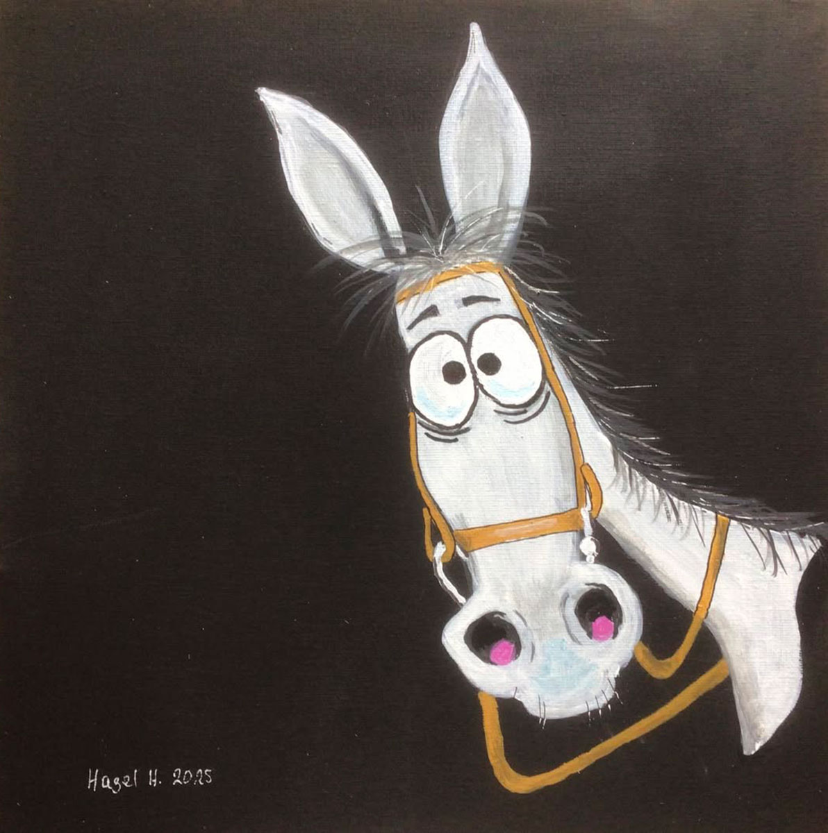 Painting Horse, A whimsical cartoon horse. The horse is depicted with exaggerated, expressive eyes and a tilted head, giving it a humorous and curious personality.