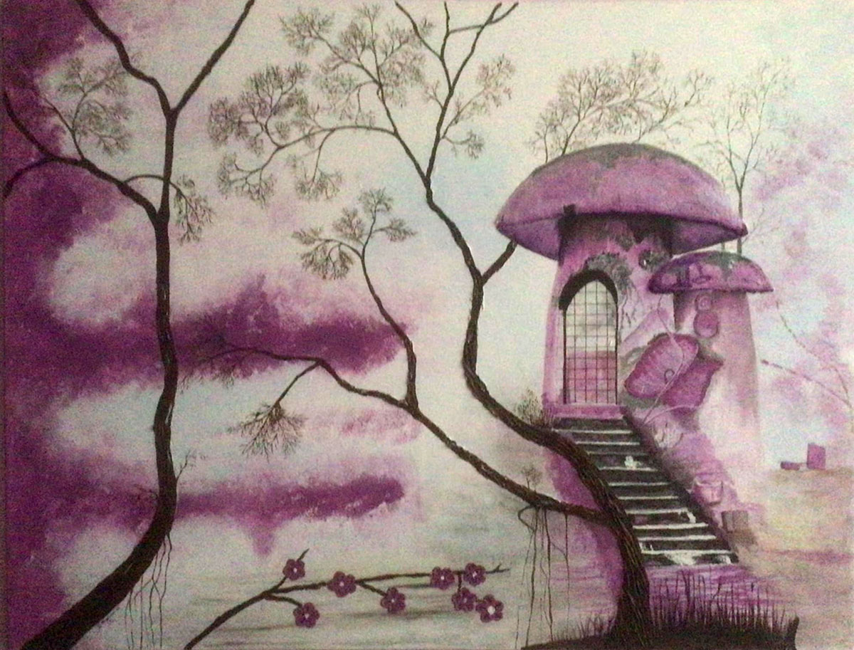 Painting Mushroom House, A whimsical mushroom house set in a dreamy, lavender-hued landscape.