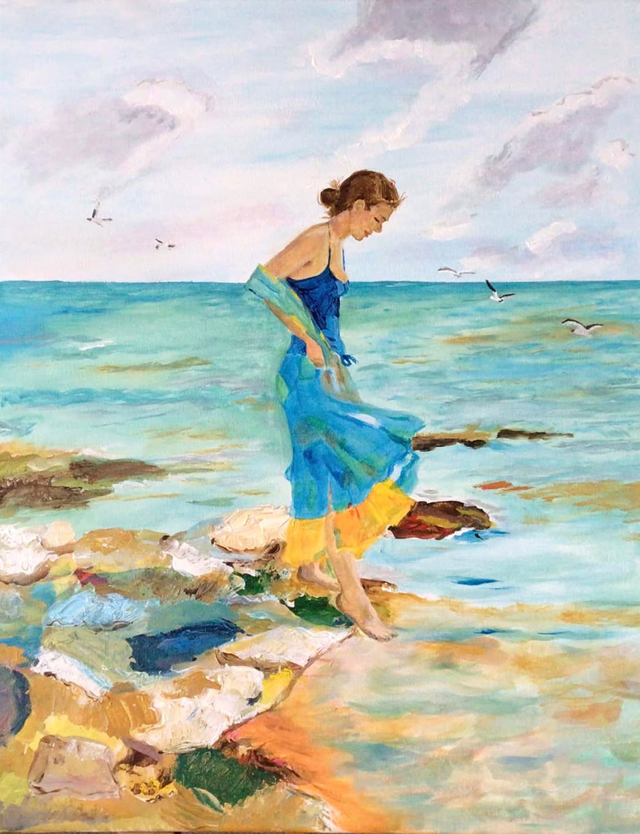 Painting Girl In Sea, A girl in a blue dress walking along the shore. She appears to be gently stepping on rocks at the water’s edge, surrounded by the calm sea and an open sky with a few birds flying in the distance.