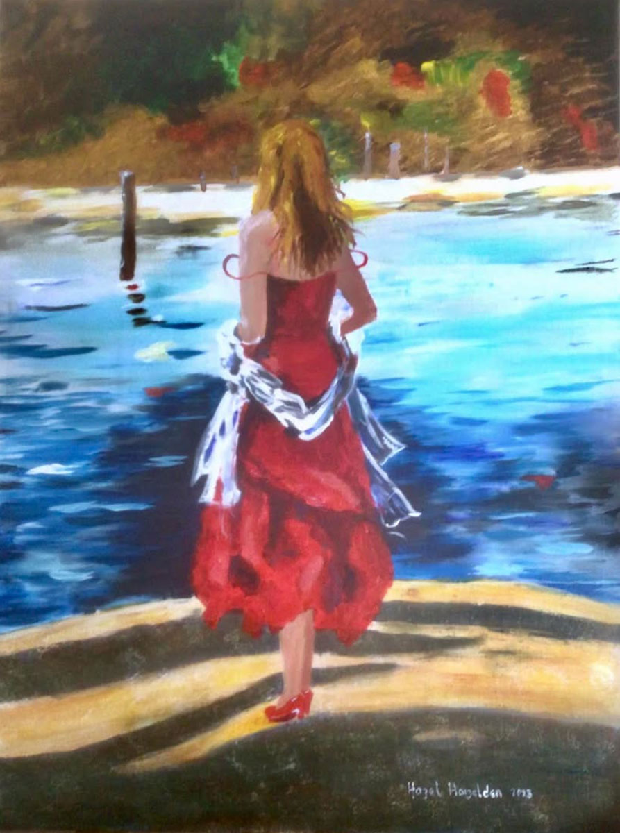 Painting Girl By The Lake, A girl in a vibrant red dress standing at the edge of a body of water. She is seen from behind, gazing out over the shimmering blue surface, with a light shawl draped around her arms. 