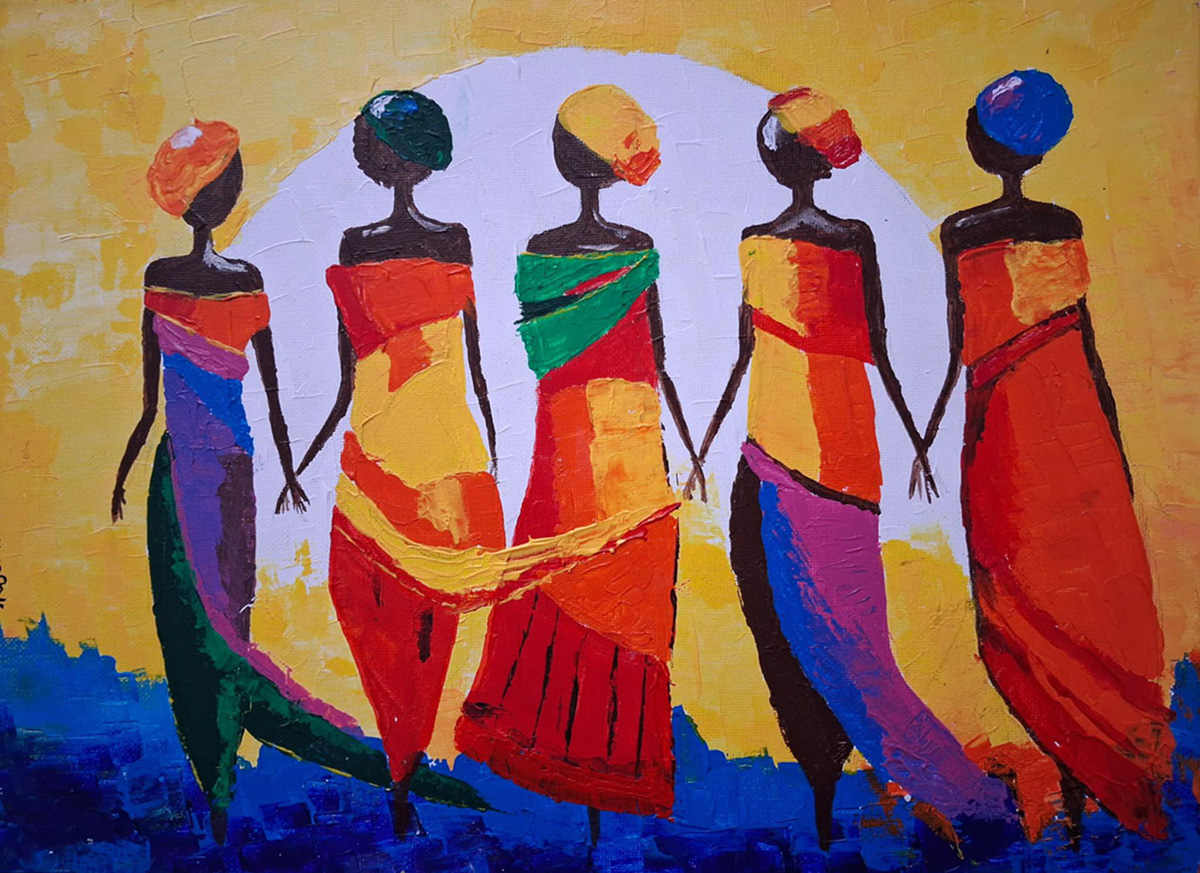 Painting African Ladies, A group of five women standing side by side, holding hands. Each woman is dressed in a vibrant, colorful dress and headwrap, and their figures are painted in bold, expressive strokes.