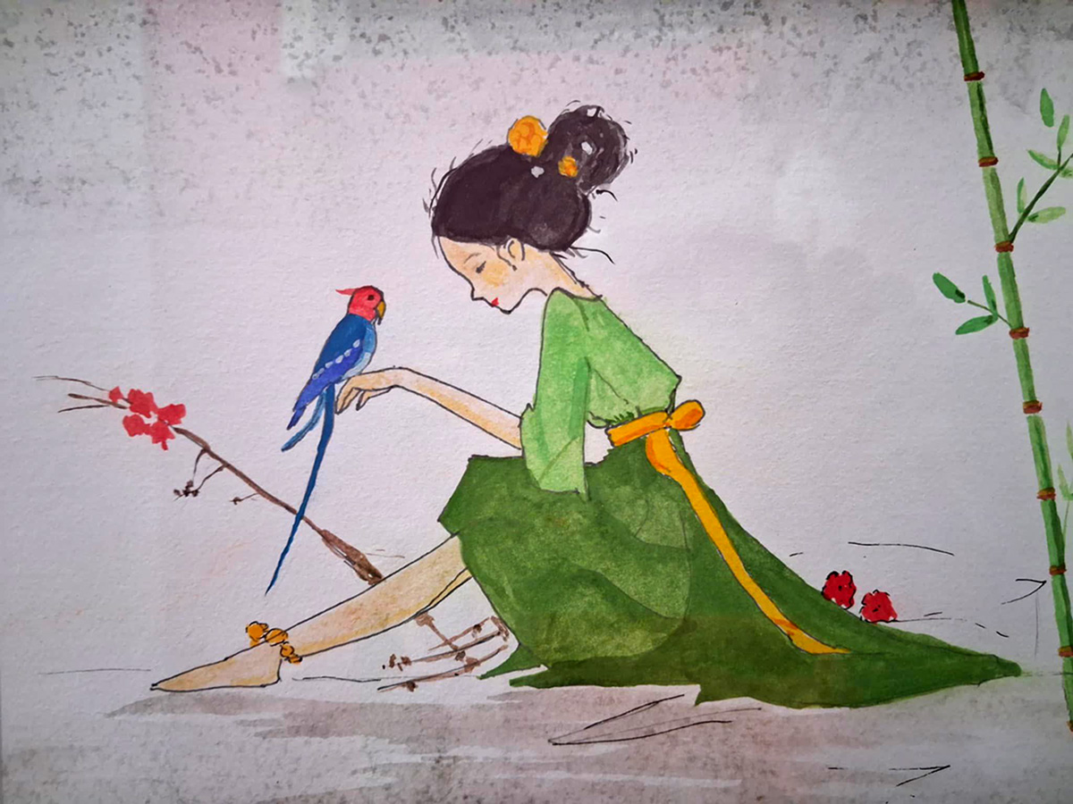 Painting Japanese Lady Green Dress, A serene, stylized scene featuring a young woman in traditional attire sitting gracefully on the ground. She is interacting gently with a colorful bird perched on a branch. 