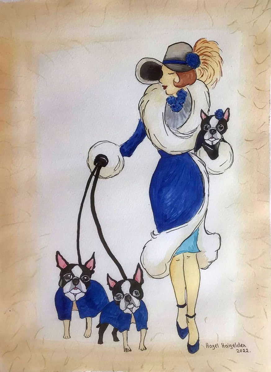 Painting Lady In Blue, A stylish, vintage-inspired lady dressed in a blue and white fur-trimmed outfit, accompanied by three Boston Terriers—two on leashes and one tucked under her arm.