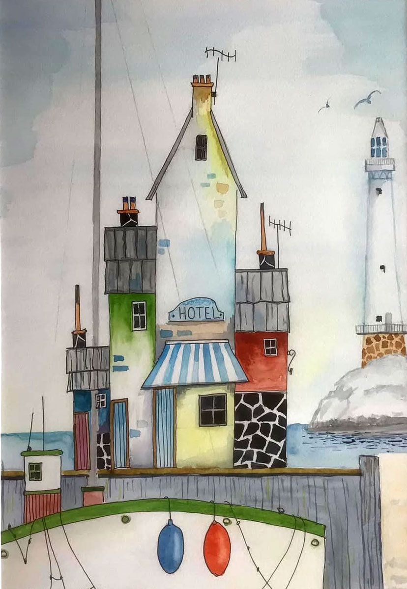 Painting Hotel And Lighthouse, A whimsical seaside hotel as its main subject. The hotel and surrounding buildings are depicted with playful, leaning architecture and vibrant colors, giving each structure its own quirky personality.