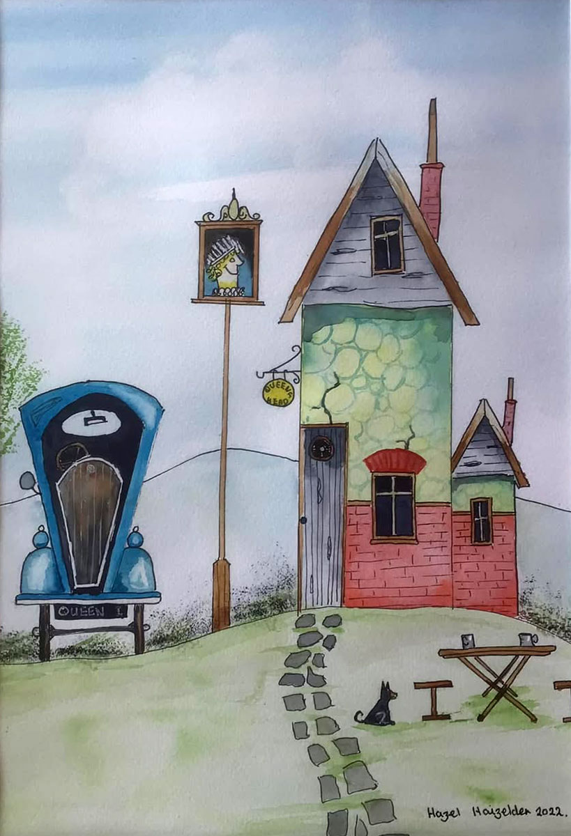 Painting The Queens Head, A whimsical, storybook-style scene featuring a quirky pub called the 