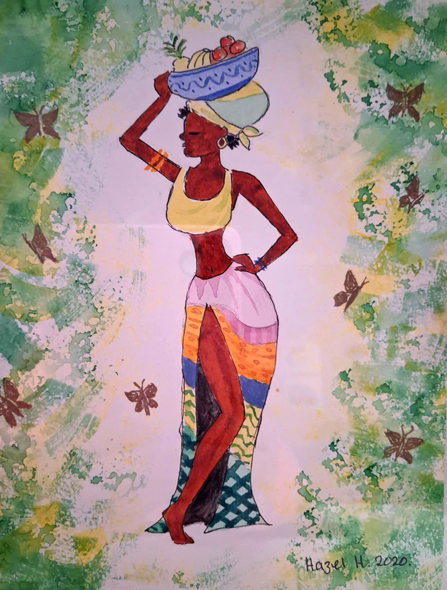 Painting African Lady, A graceful woman standing in profile, carrying a bowl of fruit on her head. She is dressed in a vibrant, multi-colored skirt and a yellow top, with a headscarf and jewelry accentuating her look.