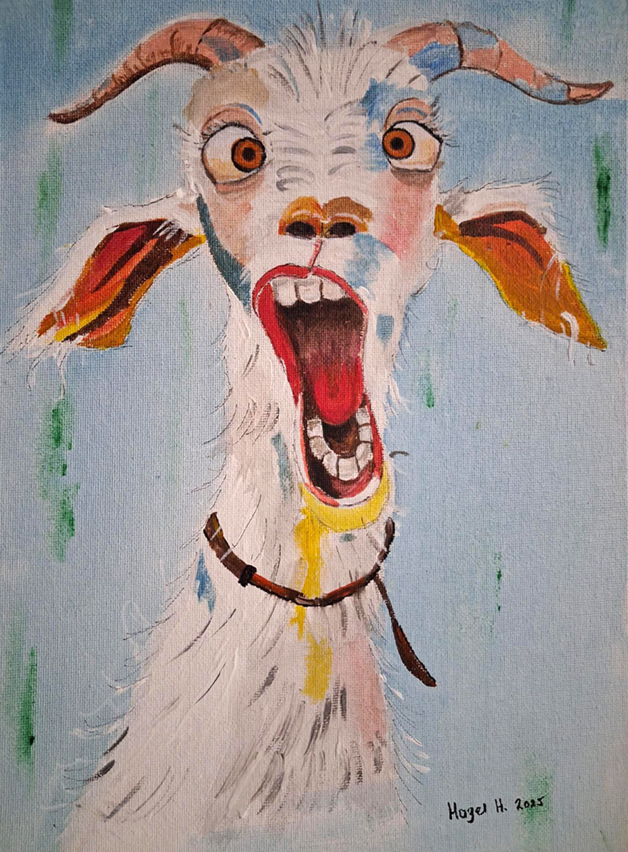 Painting Goat Fun, A surprised goat as the main subject. The goat’s wide eyes, open mouth, and expressive face capture a moment of shock or excitement, giving the artwork a humorous and energetic feel.