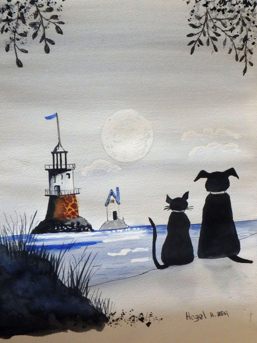 Painting Best Friends, A peaceful, moonlit scene featuring a dog and a cat sitting side by side on the shore, gazing out at the ocean and a lighthouse in the distance.