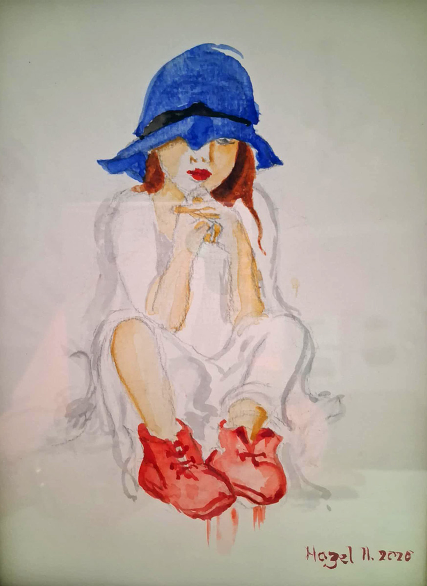 Painting Girl With Blue Hat, A young girl, depicted in a watercolor style. She is wearing an oversized blue hat that partially shades her face and bright red shoes that stand out vividly against the softer tones of her clothing and background. 