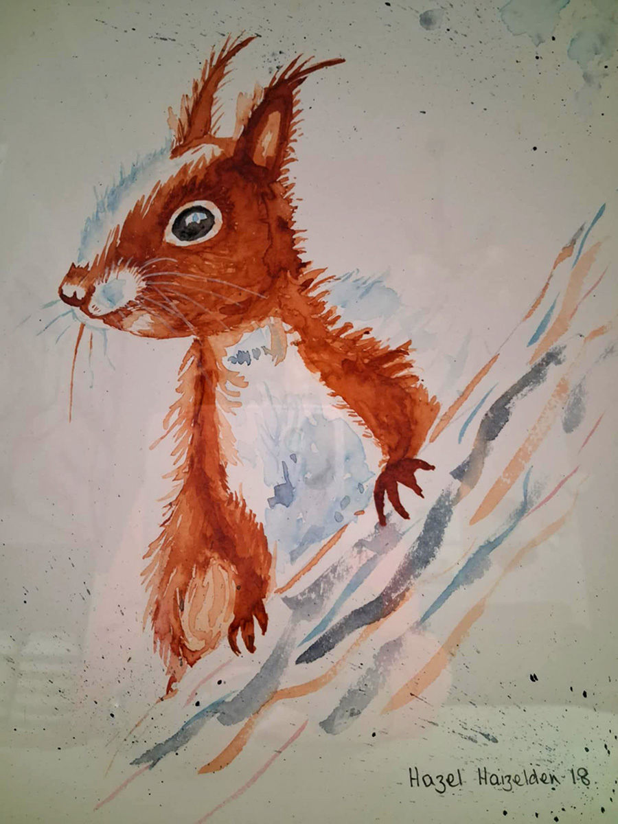 Painting Squirrel, A squirrel in a lively, expressive watercolor style, highlighting its alert posture, bushy fur, and bright, curious eye
