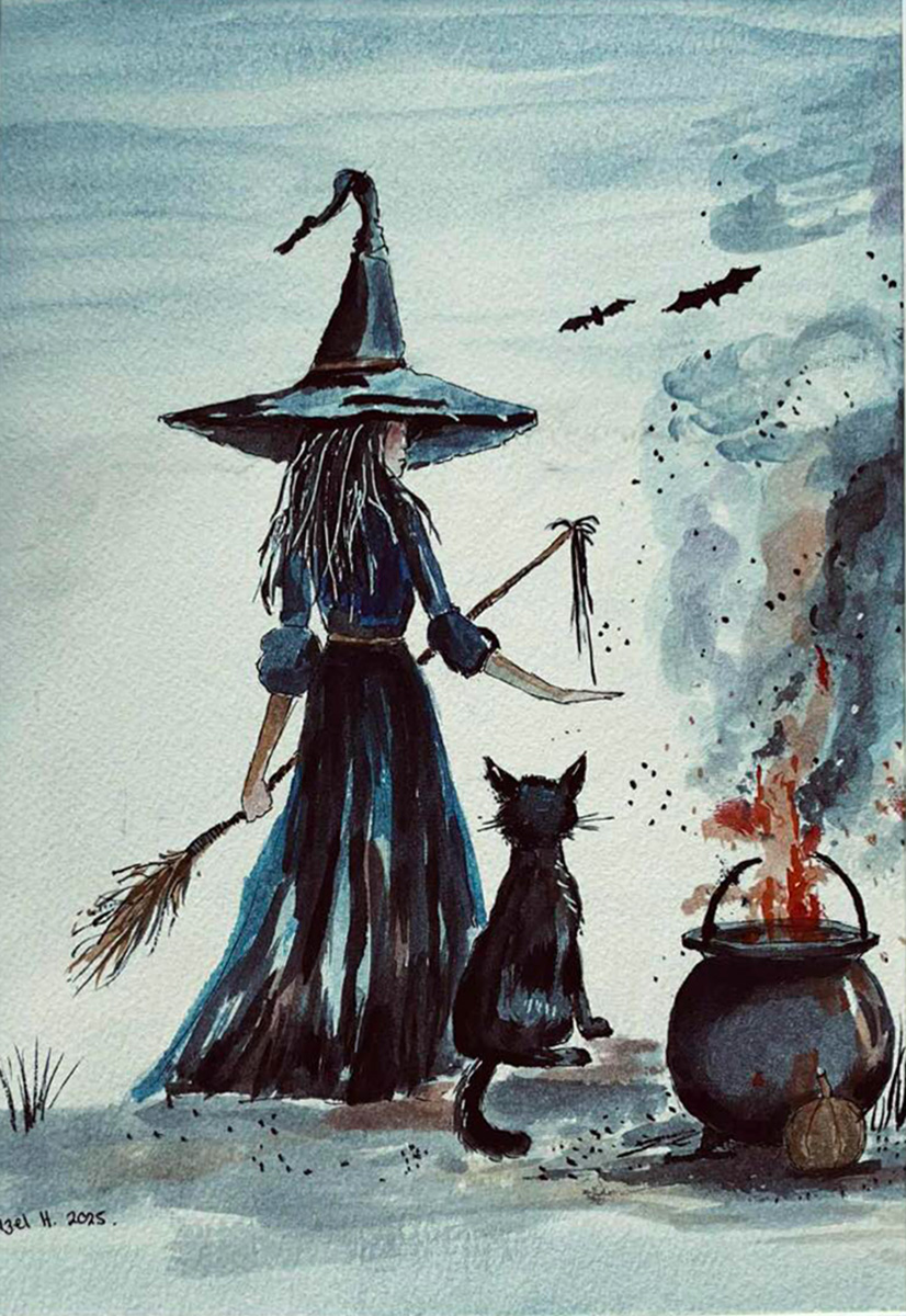 Painting Witch And Couldron, A mystical scene featuring a witch and her black cat standing together by a bubbling cauldron.