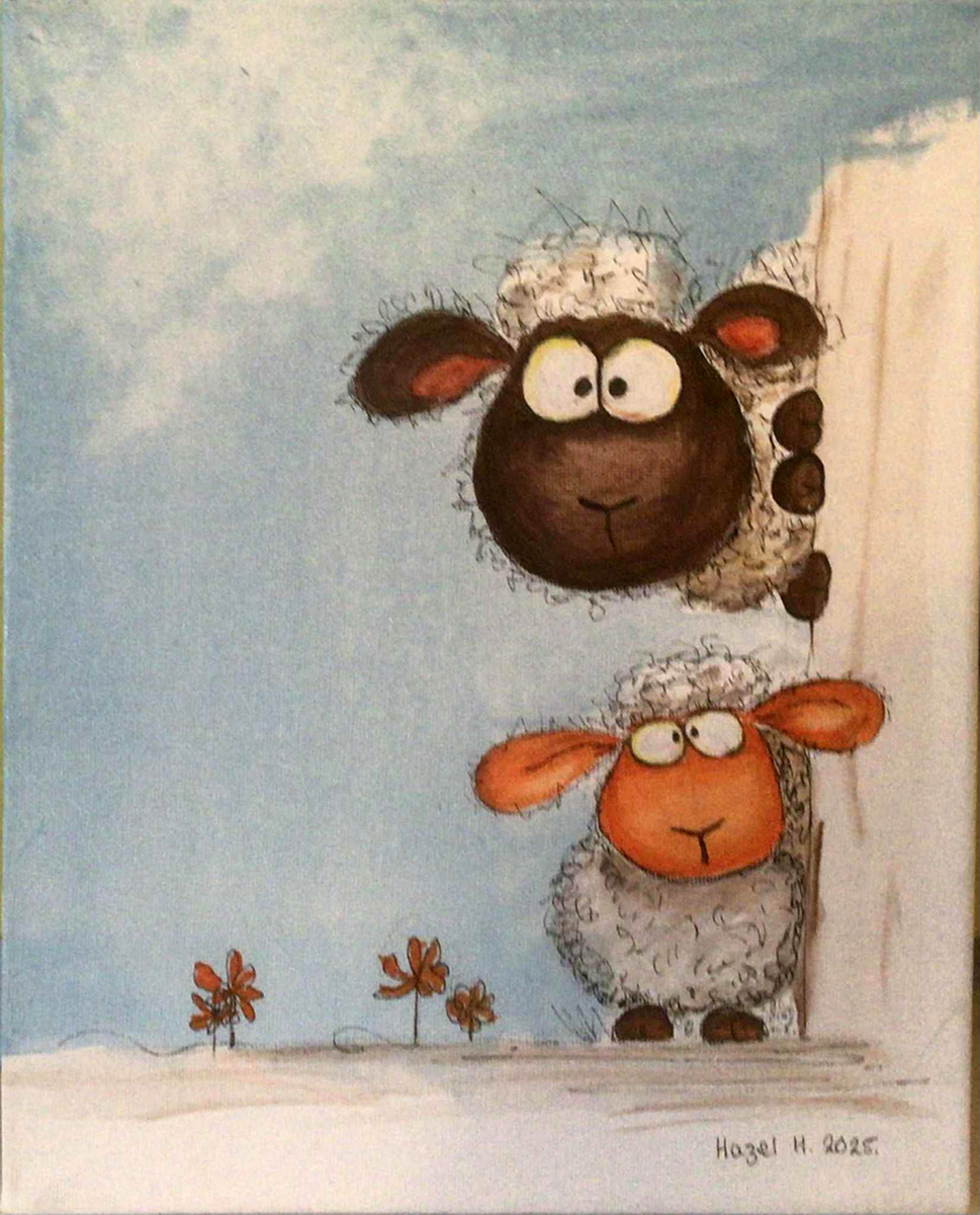 Painting Crazy Sheep, Two whimsical, cartoon-style sheep. One sheep is peeking playfully from behind a wall, while the other stands in front, both with wide, curious eyes. The scene is lighthearted and humorous, capturing a sense of curiosity and friendship between the two sheep.
