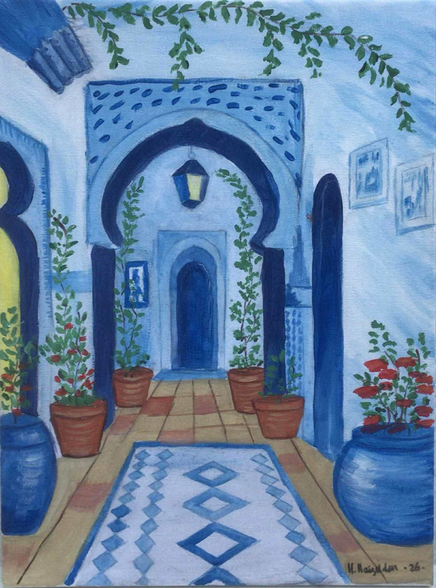 Painting Moroccan Courtyard, The painting centers on a serene architectural passageway, reminiscent of Moroccan or Andalusian courtyards.