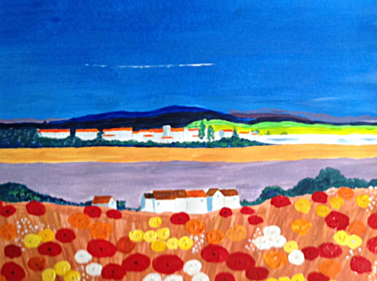 Painting Summer View, A vibrant countryside landscape. The artwork features a colorful field of wildflowers in the foreground, a few white houses with red roofs, and a distant village set against rolling hills and a deep blue sky.