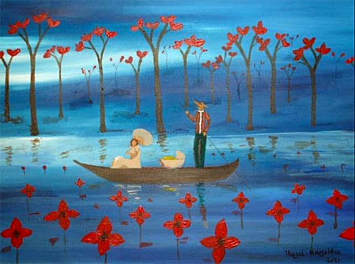 Painting Lovers In A Boat, A couple on a tranquil boat ride through a magical, flower-filled landscape�&euro;�symbolizing love, partnership, and the beauty of shared moments in a whimsical, dreamlike world.