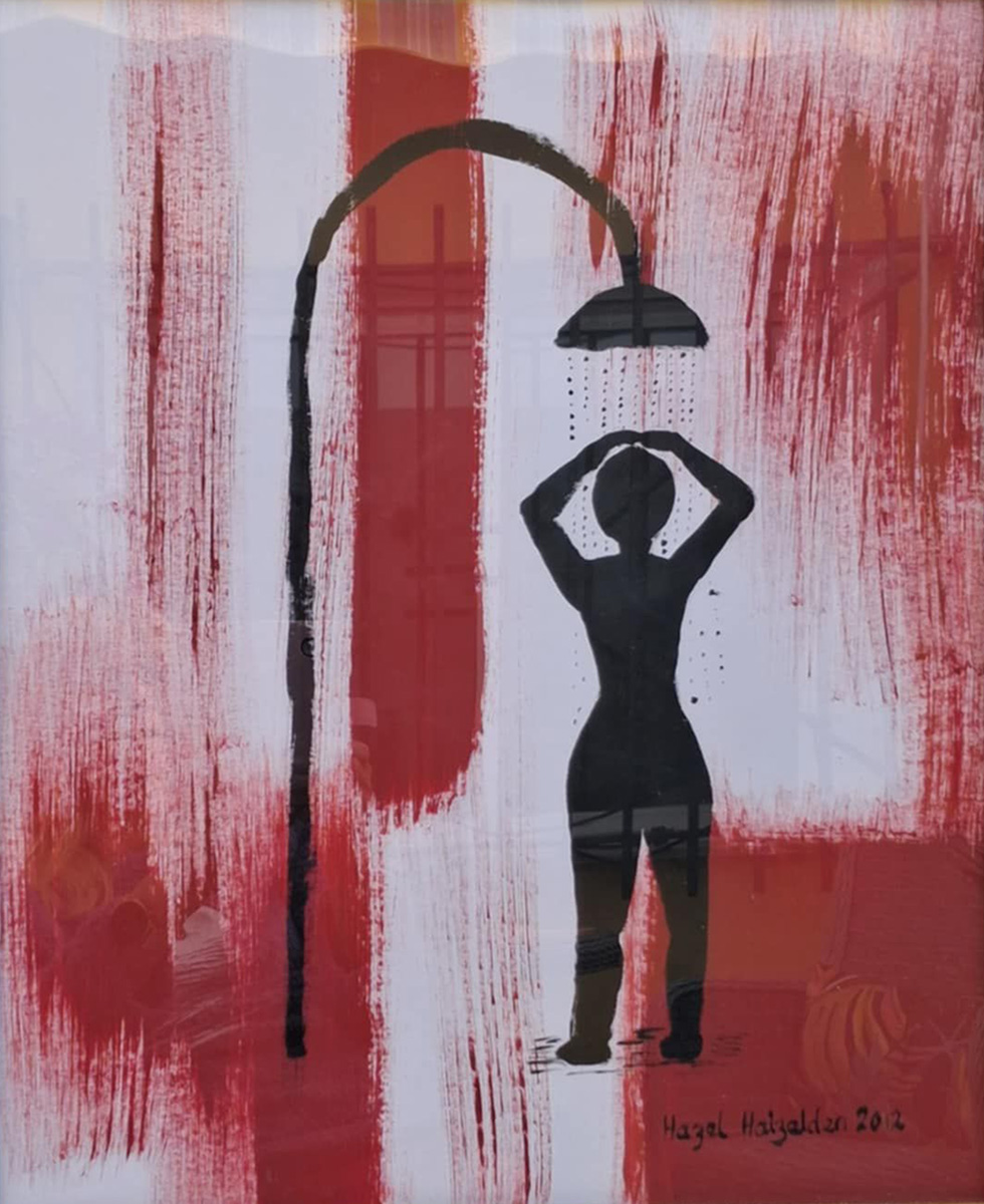 Painting Shower Room, A solitary figure standing under a shower, depicted in silhouette. The figure's pose, arms raised to the head suggests a moment of introspection or release.