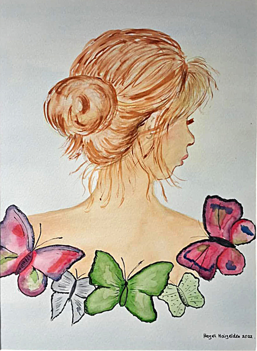 Painting Lady And Butterflies, Contemplative woman shown from behind, her hair styled in a loose bun. She is surrounded by colorful butterflies resting on her shoulders, which symbolize transformation, hope, and new beginnings. 