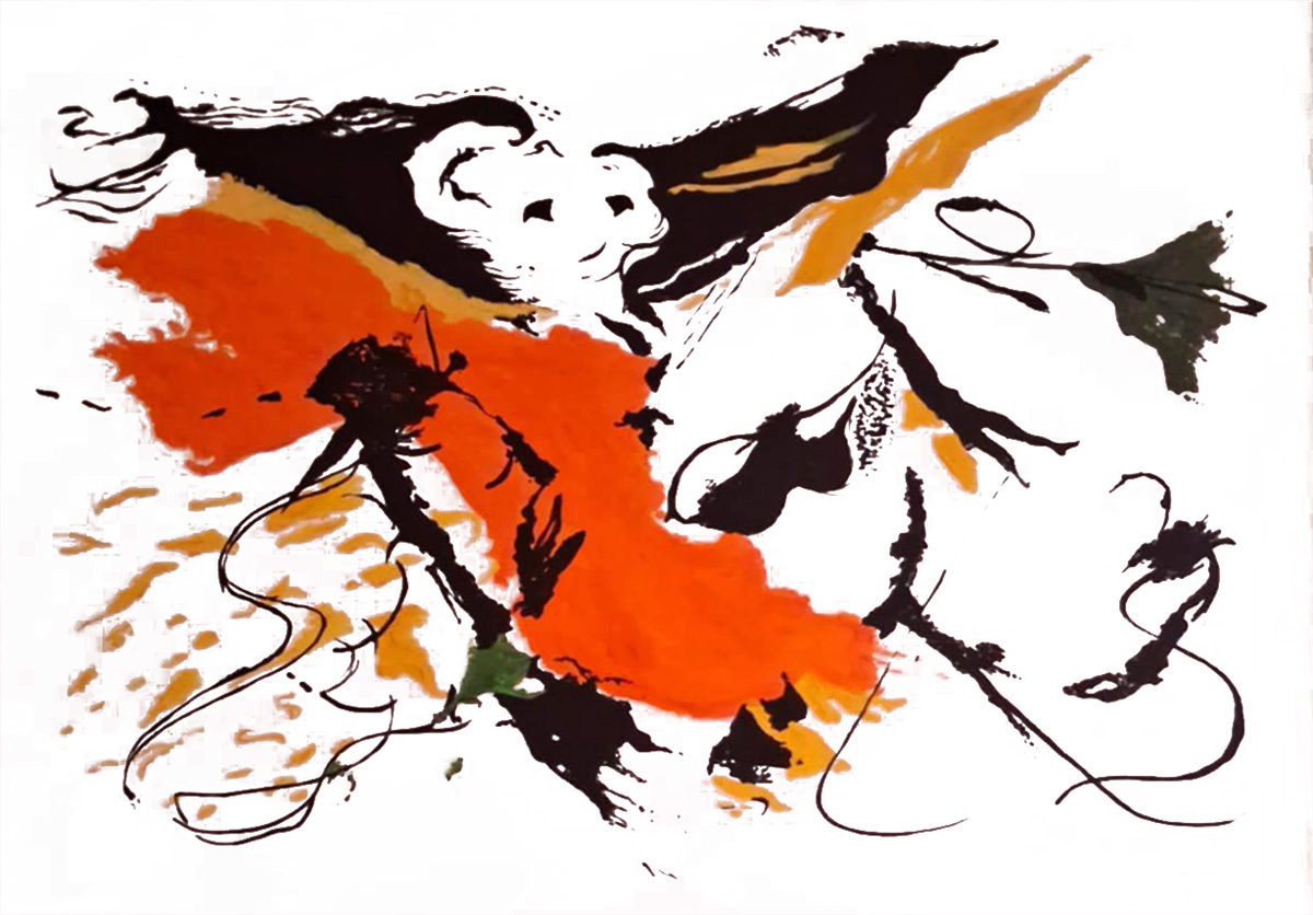 Painting Abstract, An abstract composition, so it doesn’t depict a literal subject in the traditional sense. Instead, it uses bold black lines, dynamic orange shapes, and gestural marks to evoke a sense of movement and energy.