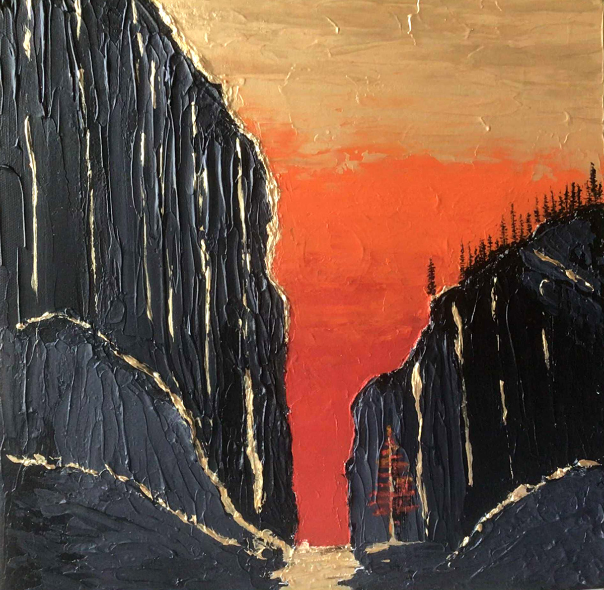 Painting Rocks And Red Sunset, A dramatic canyon or gorge at sunset, depicted with steep, textured cliffs on either side and a glowing, fiery sky above.