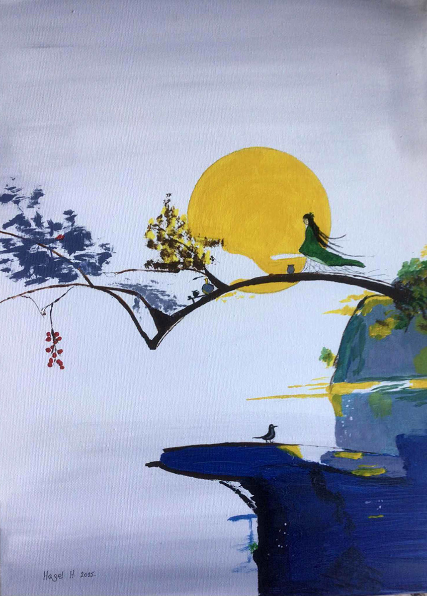 Painting Japanese Lady, A solitary, green-clad figure sitting on a branch.