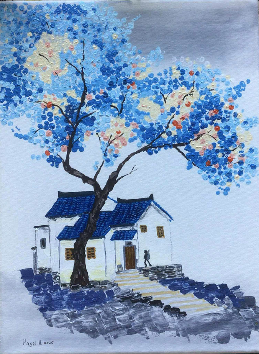 Painting Blue Tree And House, A tranquil, traditional house nestled beneath a large blossoming tree with vibrant blue and soft pastel flowers. 
