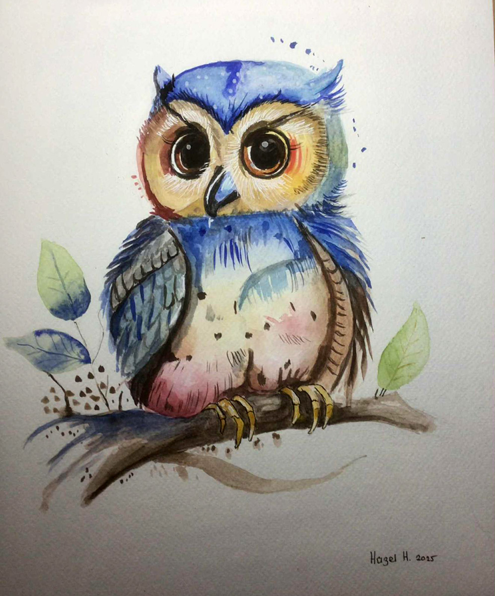 Painting Owl, Owl perched on a branch, with expressive eyes and colorful feathers.