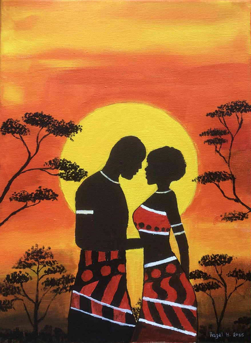 Painting African People And Moon, A romantic, intimate moment between an African couple dressed in traditional attire. They are depicted in silhouette, standing close together against the backdrop of a vibrant sunset with a large yellow sun and acacia trees.